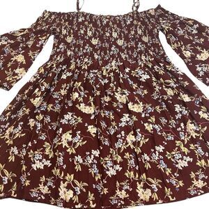 Floral Off Shoulder Smocked Boho Blouse Bell Sleeve L Burgundy Spring Top Chic
